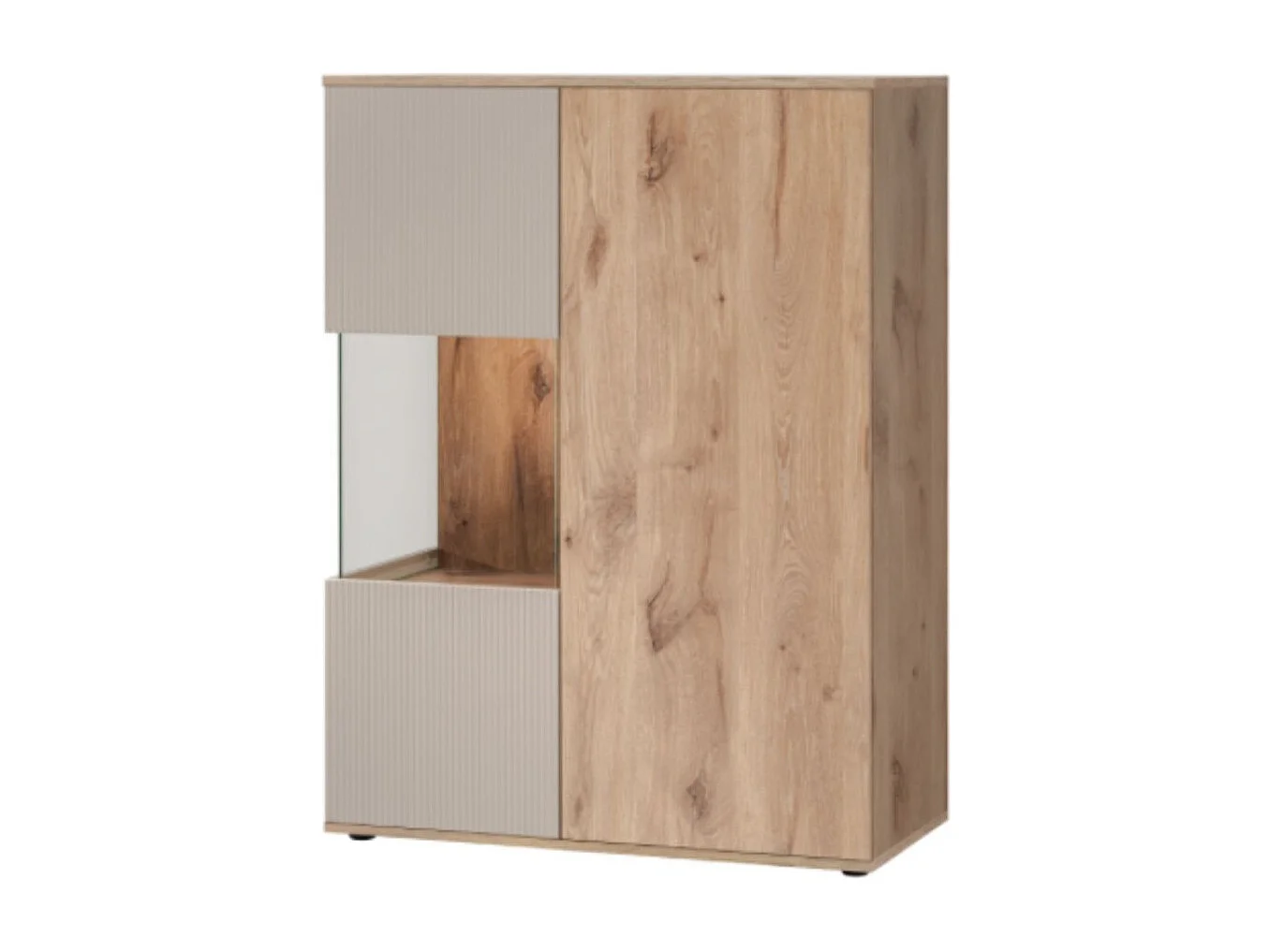 Ensemble salon complet ERINA – Buffet bas, Buffet haut, Vitrine, Étagère, Meuble TV cheminée bio-éthanol – Chêne clair et beige