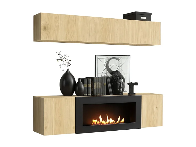 Composition murale FLY – Chêne clair – Vitrine horizontale et meuble TV avec cheminée bio-éthanol