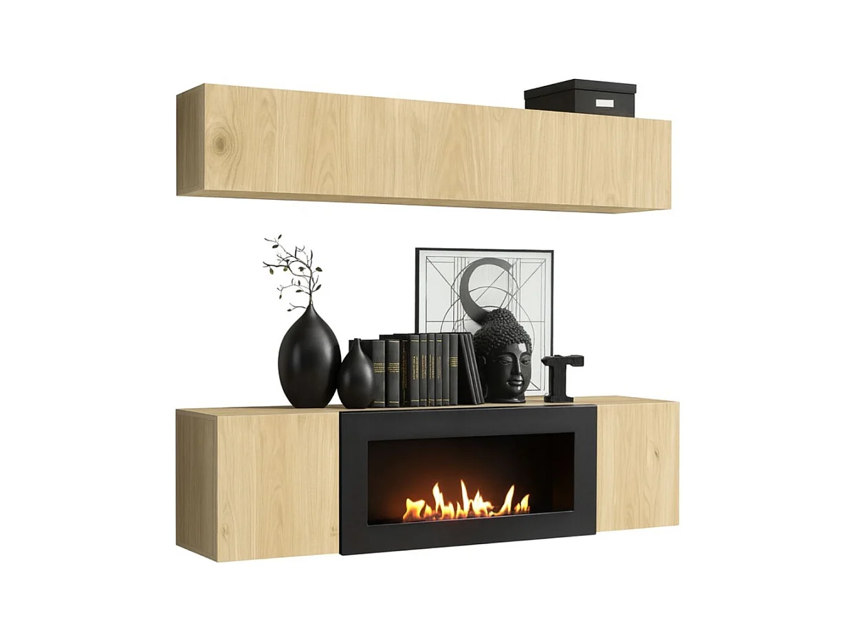 Composition murale FLY – Chêne clair – Vitrine horizontale et meuble TV avec cheminée bio-éthanol