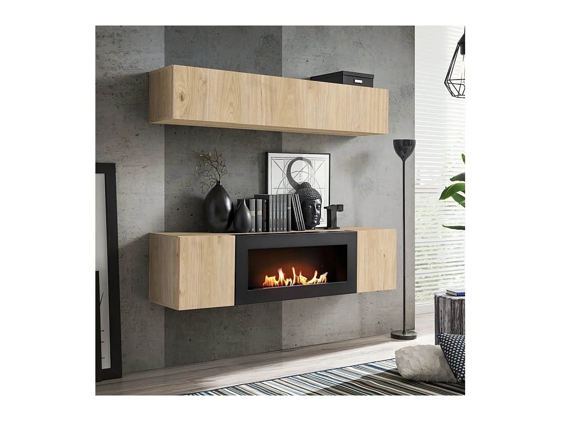 Composition murale FLY – Chêne clair – Vitrine horizontale et meuble TV avec cheminée bio-éthanol