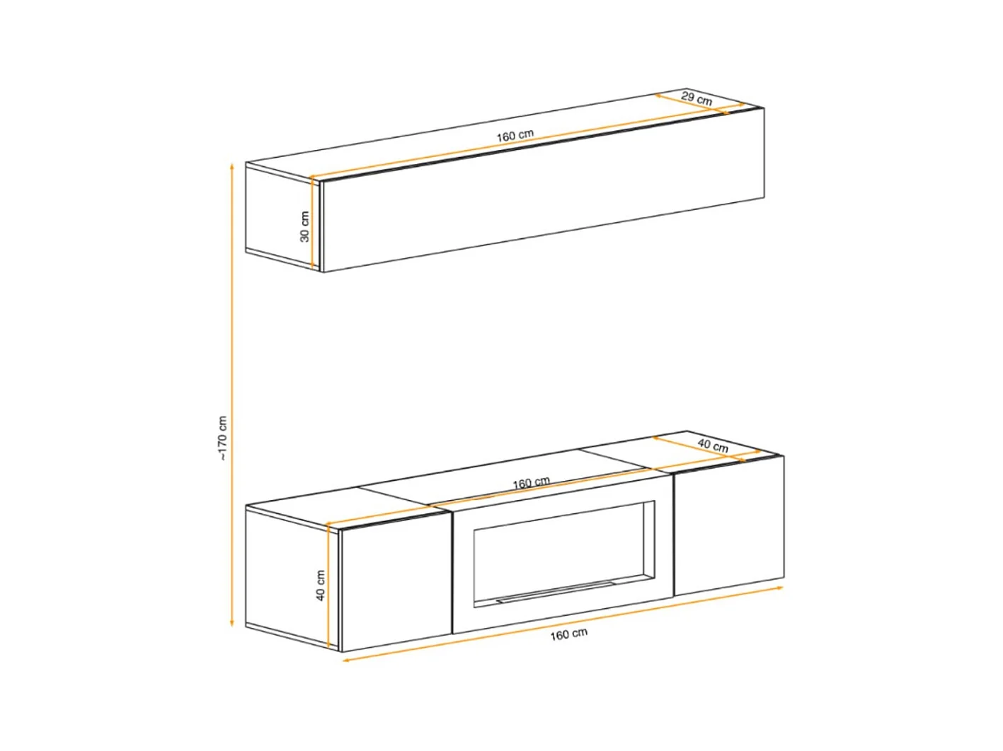 Composition murale FLY – Chêne clair – Vitrine horizontale et meuble TV avec cheminée bio-éthanol