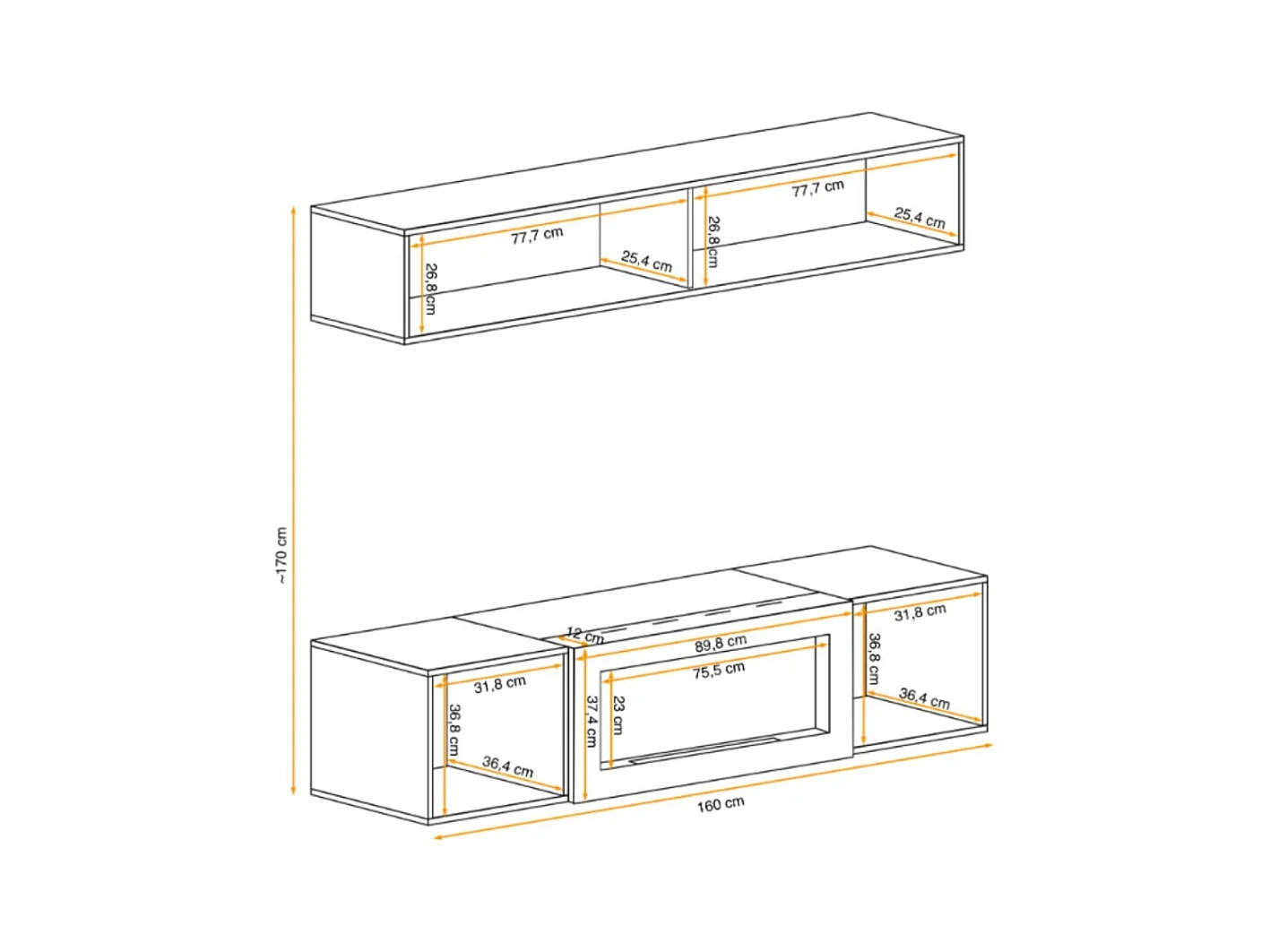 Composition murale FLY – Chêne clair – Vitrine horizontale et meuble TV avec cheminée bio-éthanol
