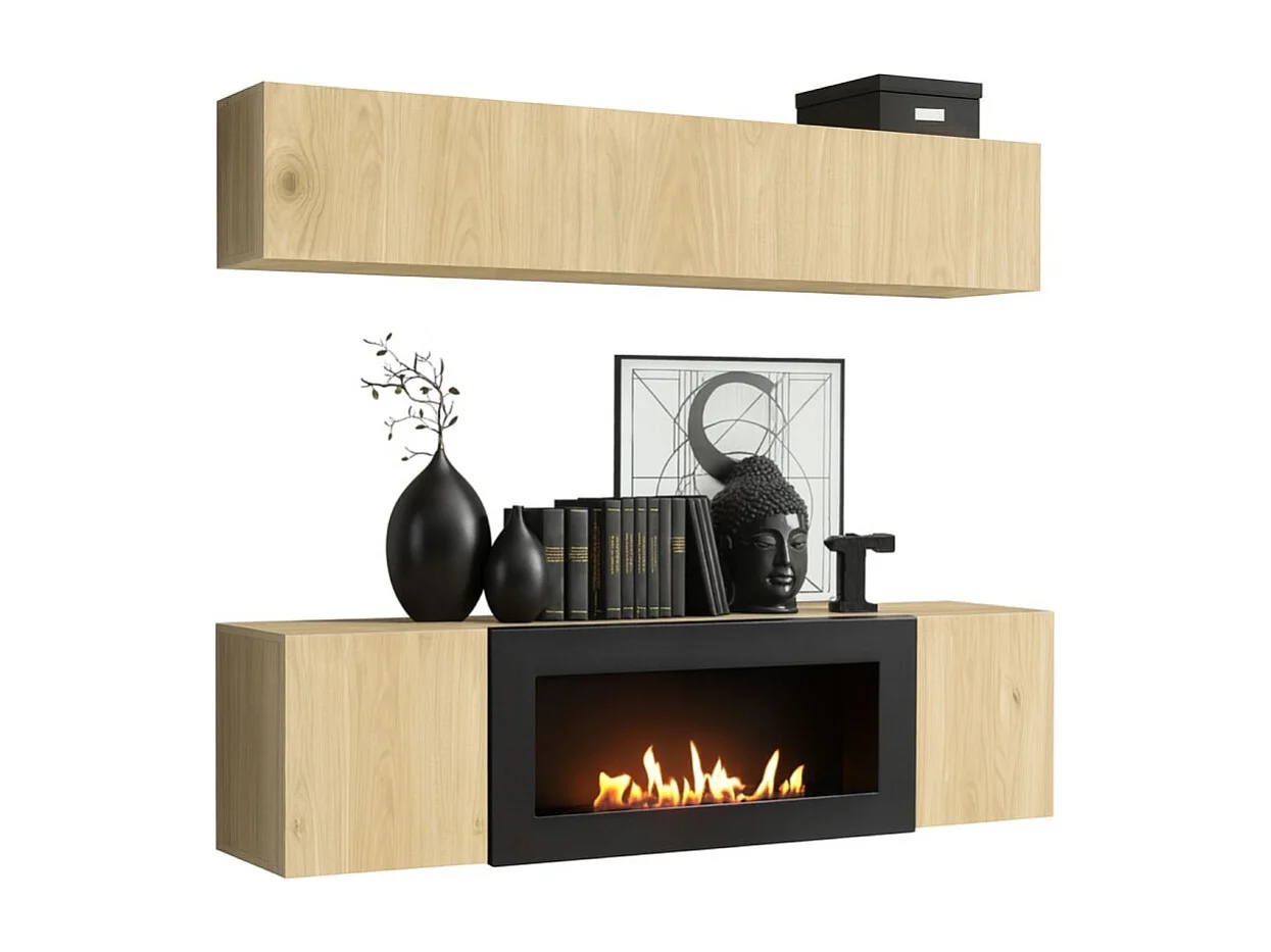 Composition murale FLY – Chêne clair – Vitrine horizontale et meuble TV avec cheminée bio-éthanol