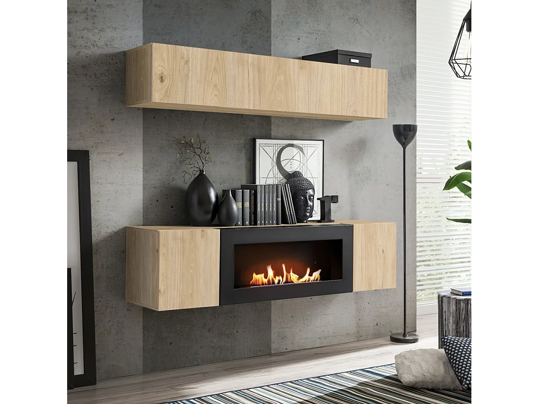 Composition murale FLY – Chêne clair – Vitrine horizontale et meuble TV avec cheminée bio-éthanol