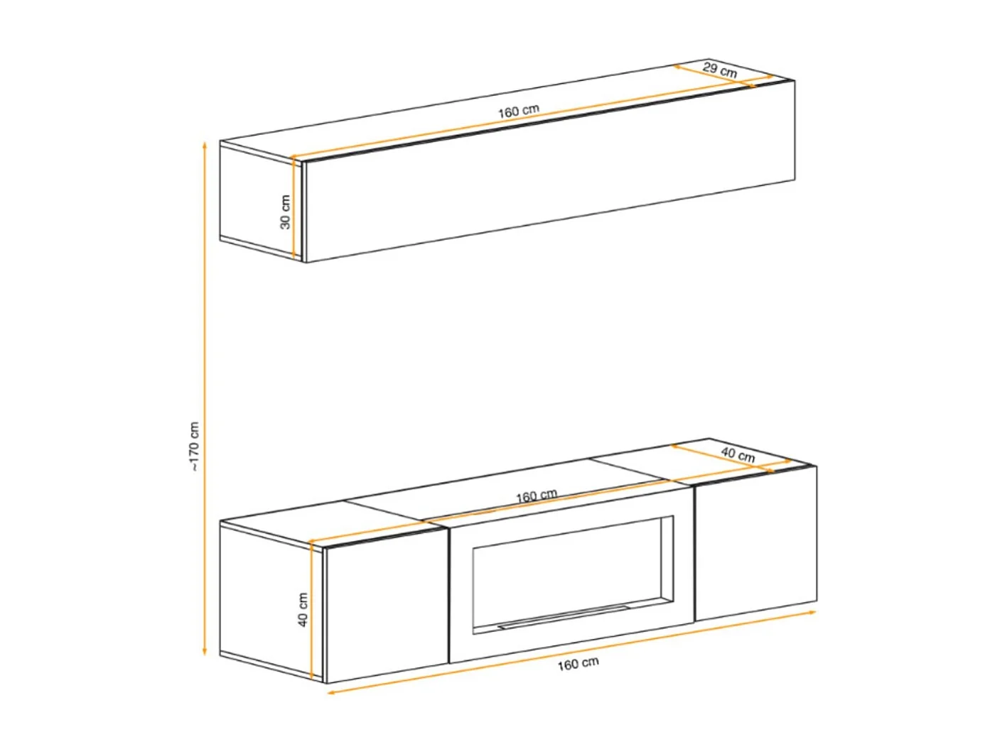 Composition murale FLY – Chêne clair – Vitrine horizontale et meuble TV avec cheminée bio-éthanol