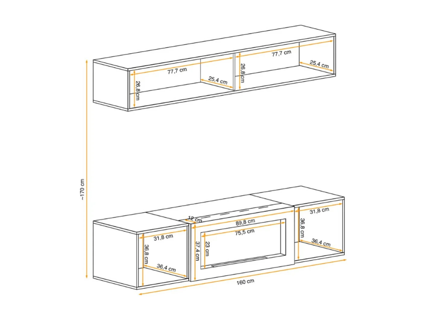 Composition murale FLY – Chêne clair – Vitrine horizontale et meuble TV avec cheminée bio-éthanol