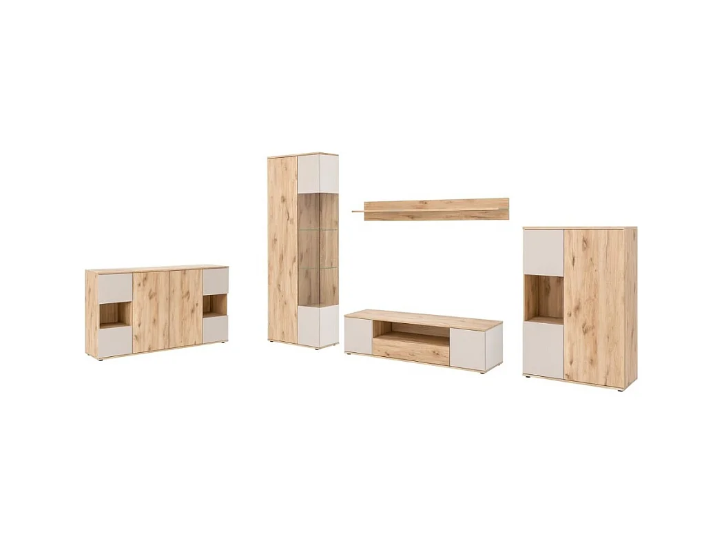 Ensemble salon complet ERINA – Buffet bas, Buffet haut, Vitrine, Meuble TV, Étagère murale – Chêne clair et beige