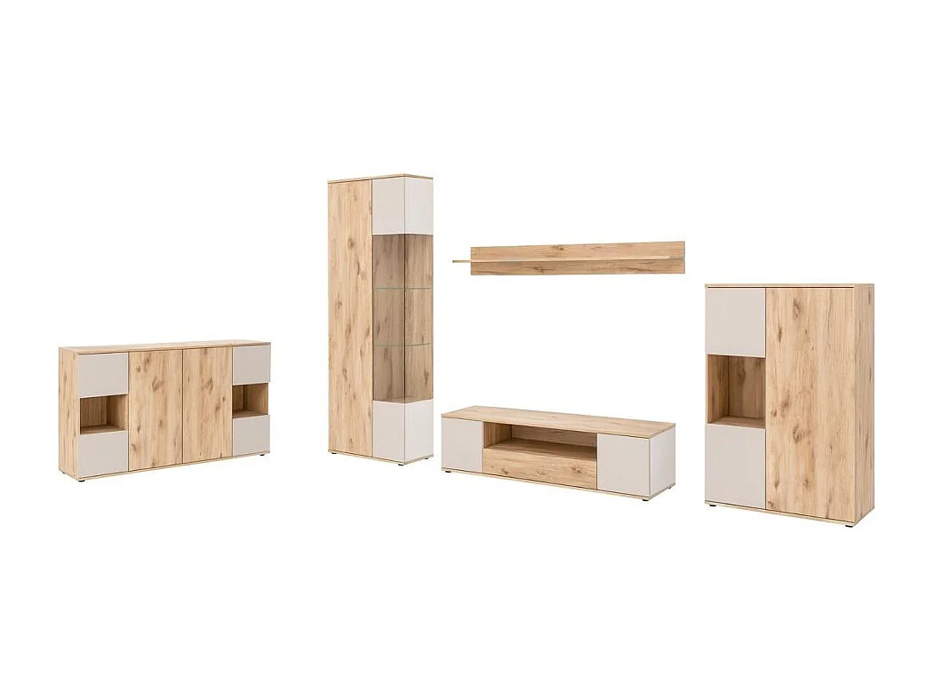 Ensemble salon complet ERINA – Buffet bas, Buffet haut, Vitrine, Meuble TV, Étagère murale – Chêne clair et beige