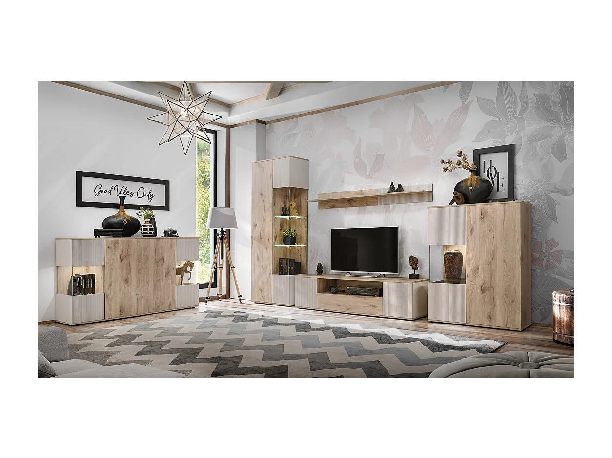 Ensemble salon complet ERINA – Buffet bas, Buffet haut, Vitrine, Meuble TV, Étagère murale – Chêne clair et beige