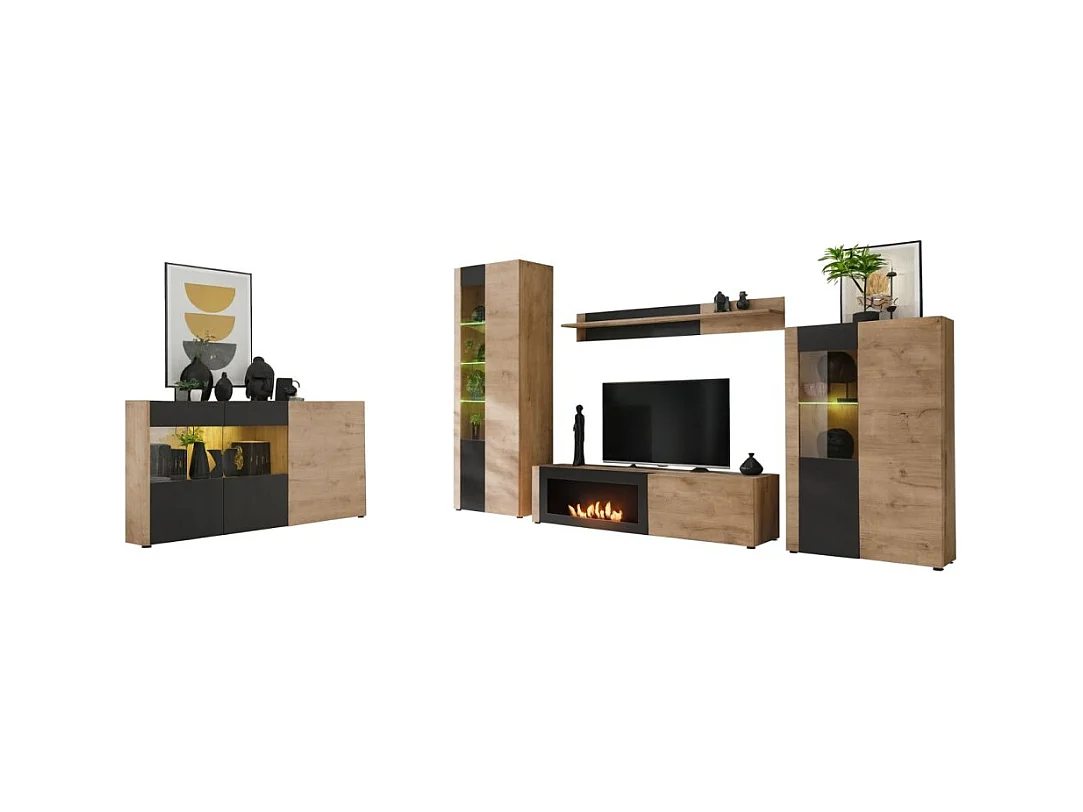 Salon complet DOUM – Buffet bas, vitrine, meuble TV avec cheminée bio-éthanol, buffet haut et étagère murale – Chêne clair et no
