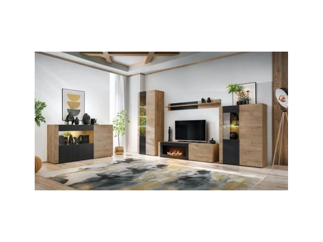 Salon complet DOUM – Buffet bas, vitrine, meuble TV avec cheminée bio-éthanol, buffet haut et étagère murale – Chêne clair et no