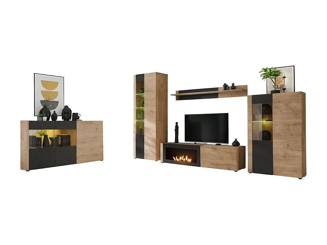 Salon complet DOUM – Buffet bas, vitrine, meuble TV avec cheminée bio-éthanol, buffet haut et étagère murale – Chêne clair et no