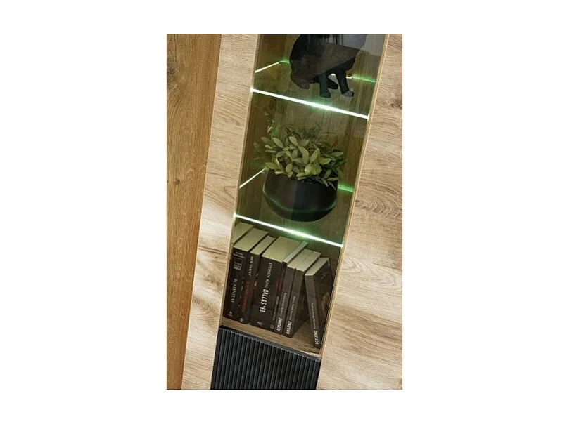 Salon complet DOUM – Buffet bas, vitrine, meuble TV avec cheminée bio-éthanol, buffet haut et étagère murale – Chêne clair et no