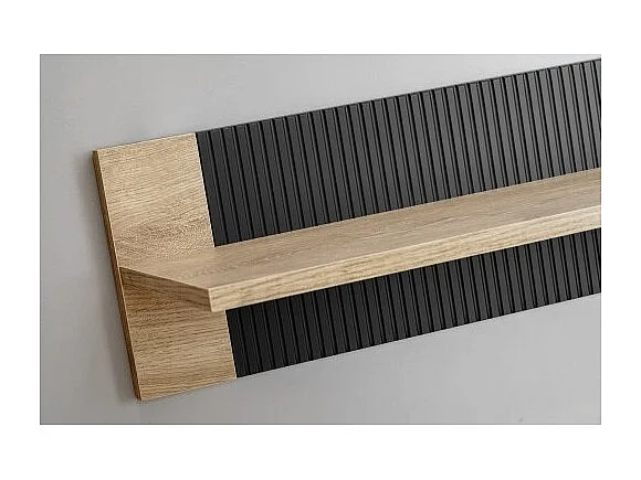 Salon complet DOUM – Buffet bas, vitrine, meuble TV avec cheminée bio-éthanol, buffet haut et étagère murale – Chêne clair et no