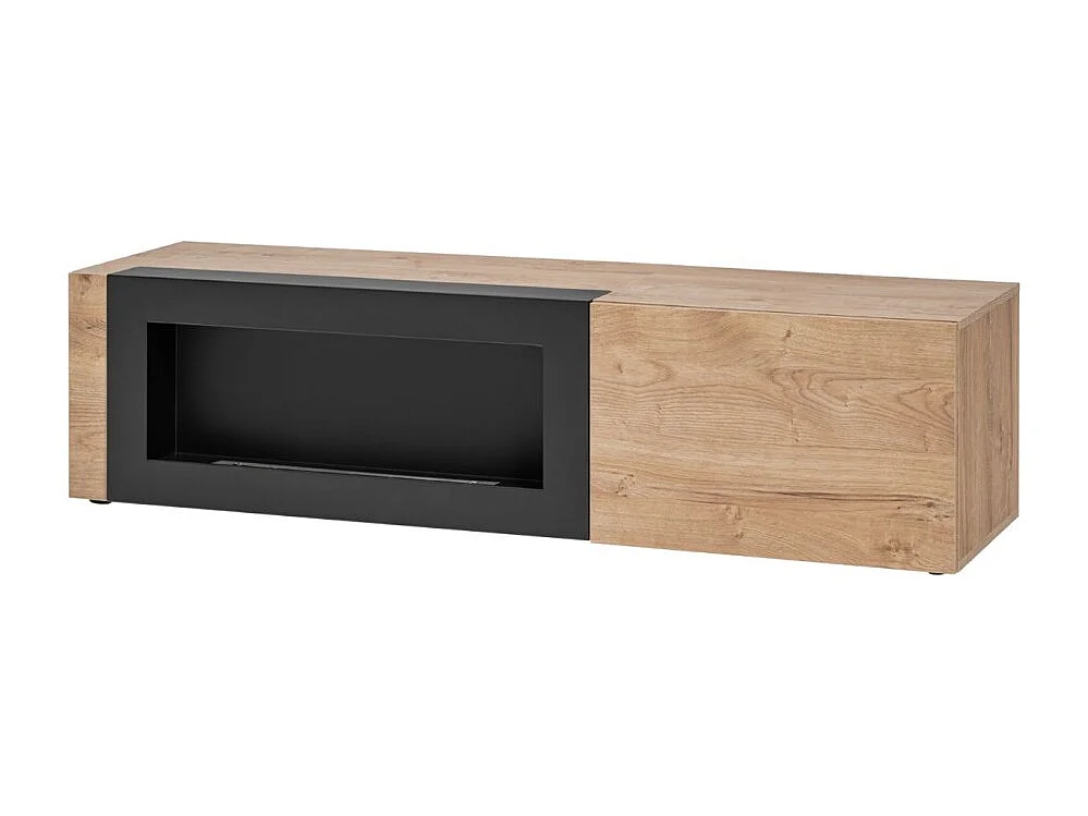 Salon complet DOUM – Buffet bas, vitrine, meuble TV avec cheminée bio-éthanol, buffet haut et étagère murale – Chêne clair et no