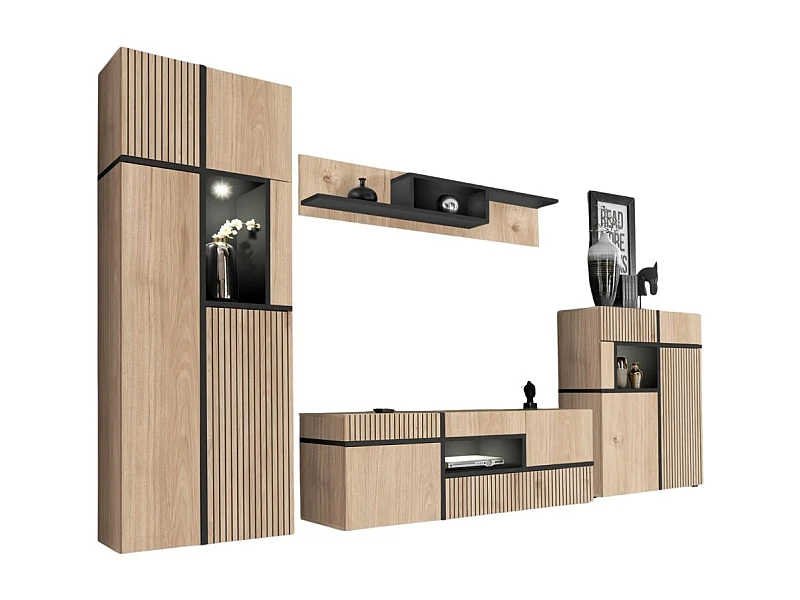 Ensemble salon complet CRISS – Meuble TV, Buffet haut, Vitrine, Étagère murale – Chêne clair et noir avec LED