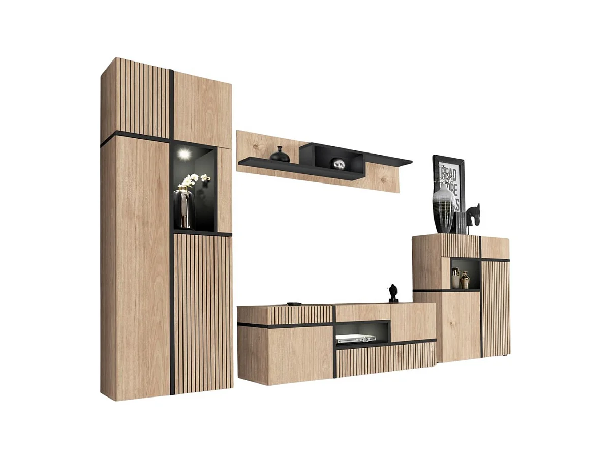 Ensemble salon complet CRISS – Meuble TV, Buffet haut, Vitrine, Étagère murale – Chêne clair et noir avec LED