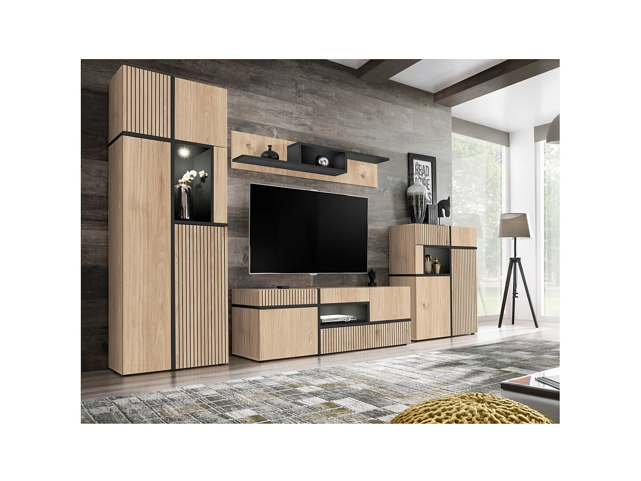 Ensemble salon complet CRISS – Meuble TV, Buffet haut, Vitrine, Étagère murale – Chêne clair et noir avec LED