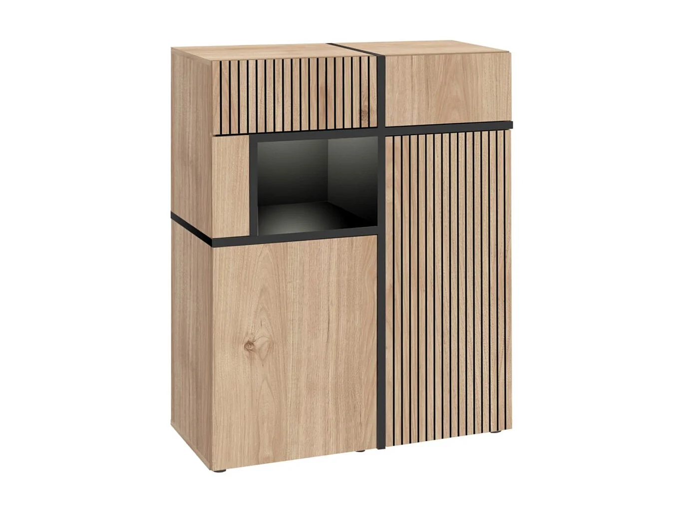 Ensemble salon complet CRISS – Meuble TV, Buffet haut, Vitrine, Étagère murale – Chêne clair et noir avec LED