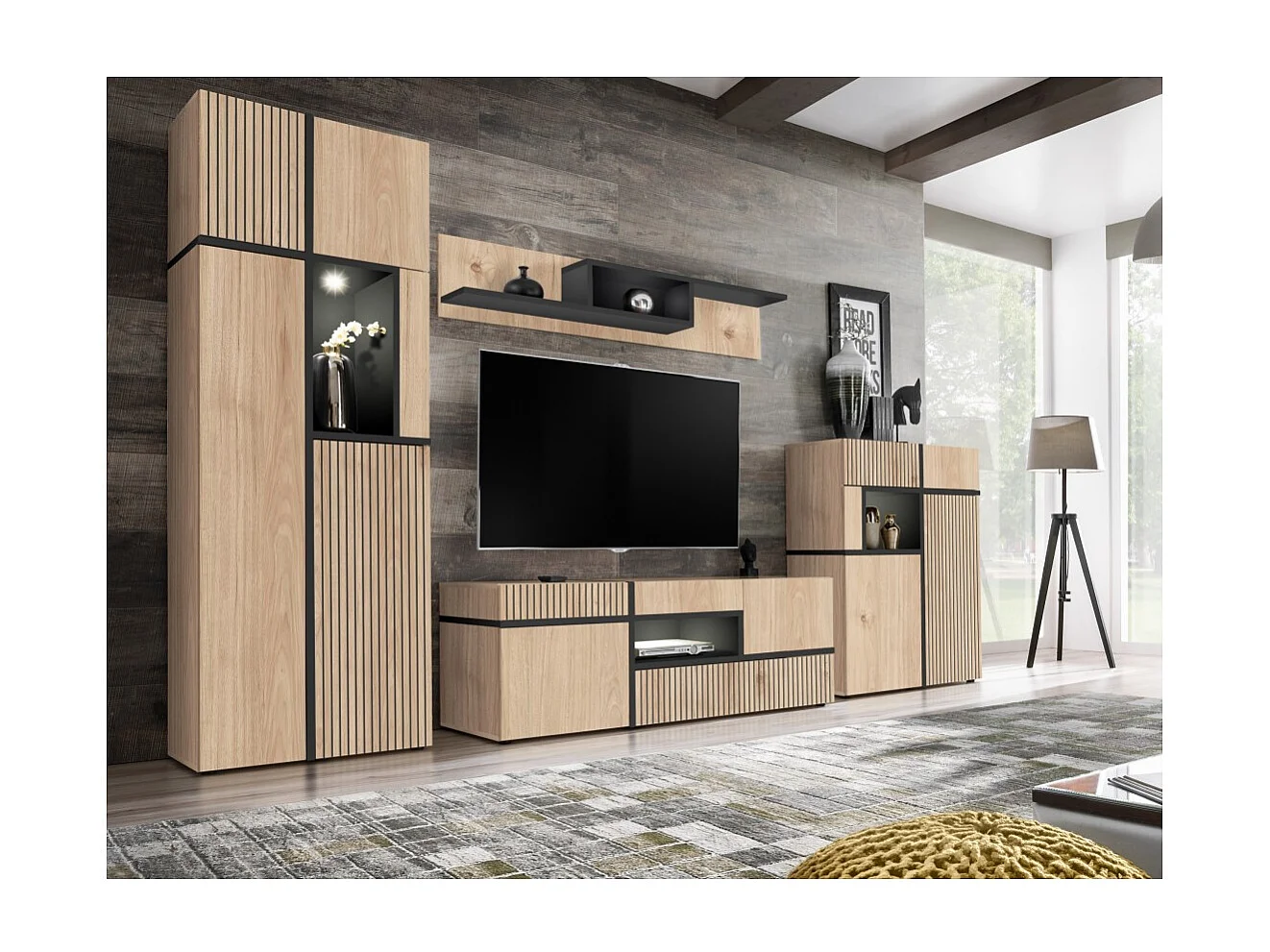 Ensemble salon complet CRISS – Meuble TV, Buffet haut, Vitrine, Étagère murale – Chêne clair et noir avec LED