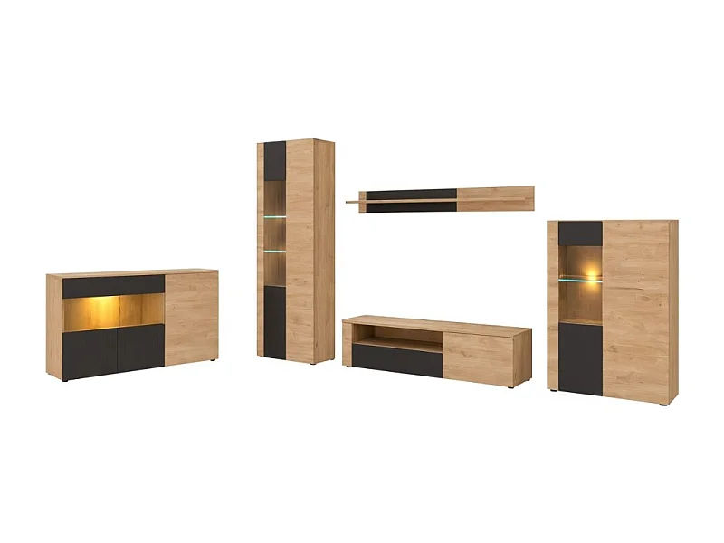 Salon complet DOUM – Buffet bas, vitrine, meuble TV, buffet haut et étagère murale – Chêne clair et noir