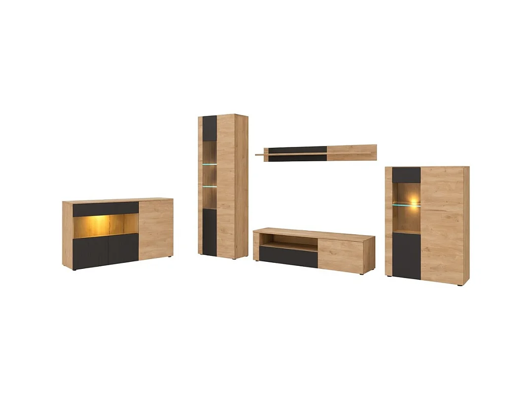 Salon complet DOUM – Buffet bas, vitrine, meuble TV, buffet haut et étagère murale – Chêne clair et noir