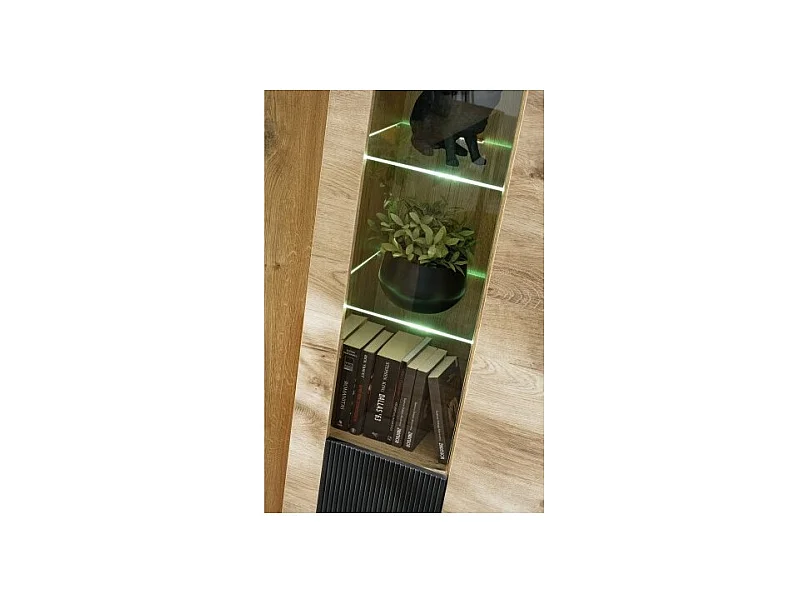 Salon complet DOUM – Buffet bas, vitrine, meuble TV, buffet haut et étagère murale – Chêne clair et noir