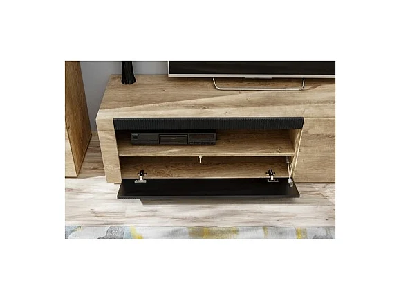 Salon complet DOUM – Buffet bas, vitrine, meuble TV, buffet haut et étagère murale – Chêne clair et noir