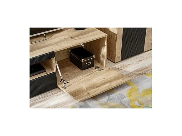 Salon complet DOUM – Buffet bas, vitrine, meuble TV, buffet haut et étagère murale – Chêne clair et noir