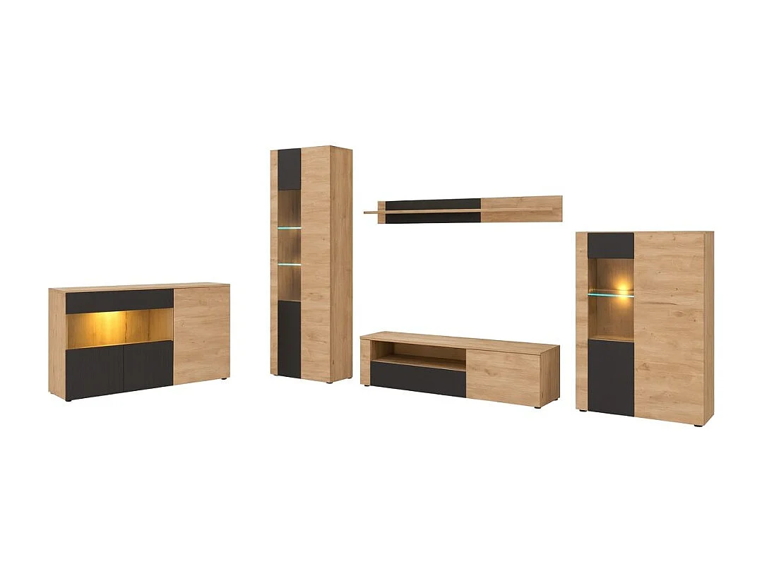 Salon complet DOUM – Buffet bas, vitrine, meuble TV, buffet haut et étagère murale – Chêne clair et noir