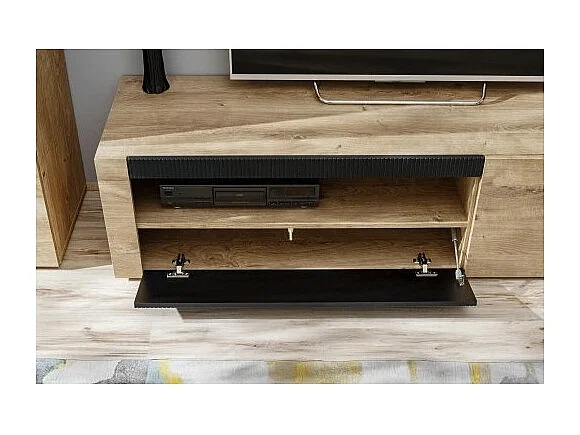 Salon complet DOUM – Buffet bas, vitrine, meuble TV, buffet haut et étagère murale – Chêne clair et noir