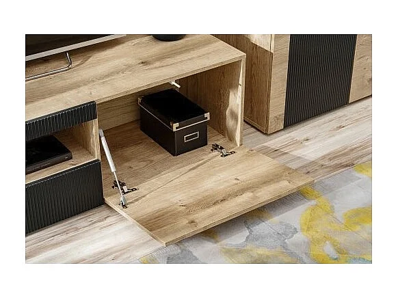 Salon complet DOUM – Buffet bas, vitrine, meuble TV, buffet haut et étagère murale – Chêne clair et noir