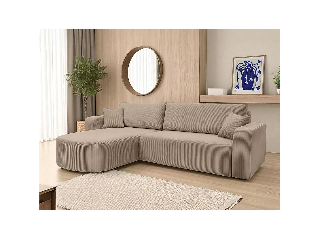 Canapé KIARA d'angle réversible convertible 4 places en velours côtelé - Taupe