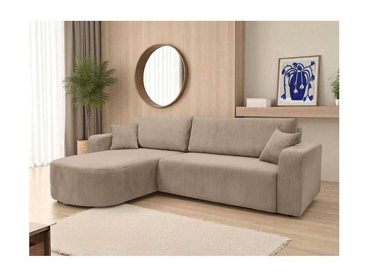 Canapé KIARA d'angle réversible convertible 4 places en velours côtelé - Taupe