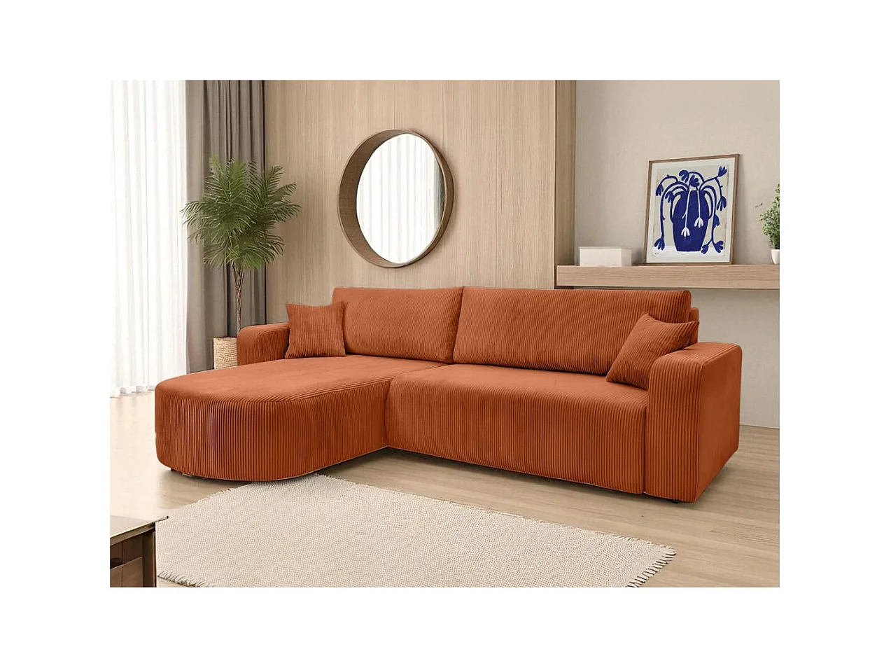 Canapé KIARA d'angle réversible convertible 4 places en velours côtelé - Terracotta