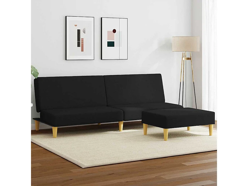 Schlafsofa 2-Sitzer mit Fußhocker Schwarz Stoff
