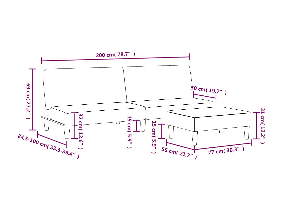 Schlafsofa 2-Sitzer mit Fußhocker Schwarz Stoff