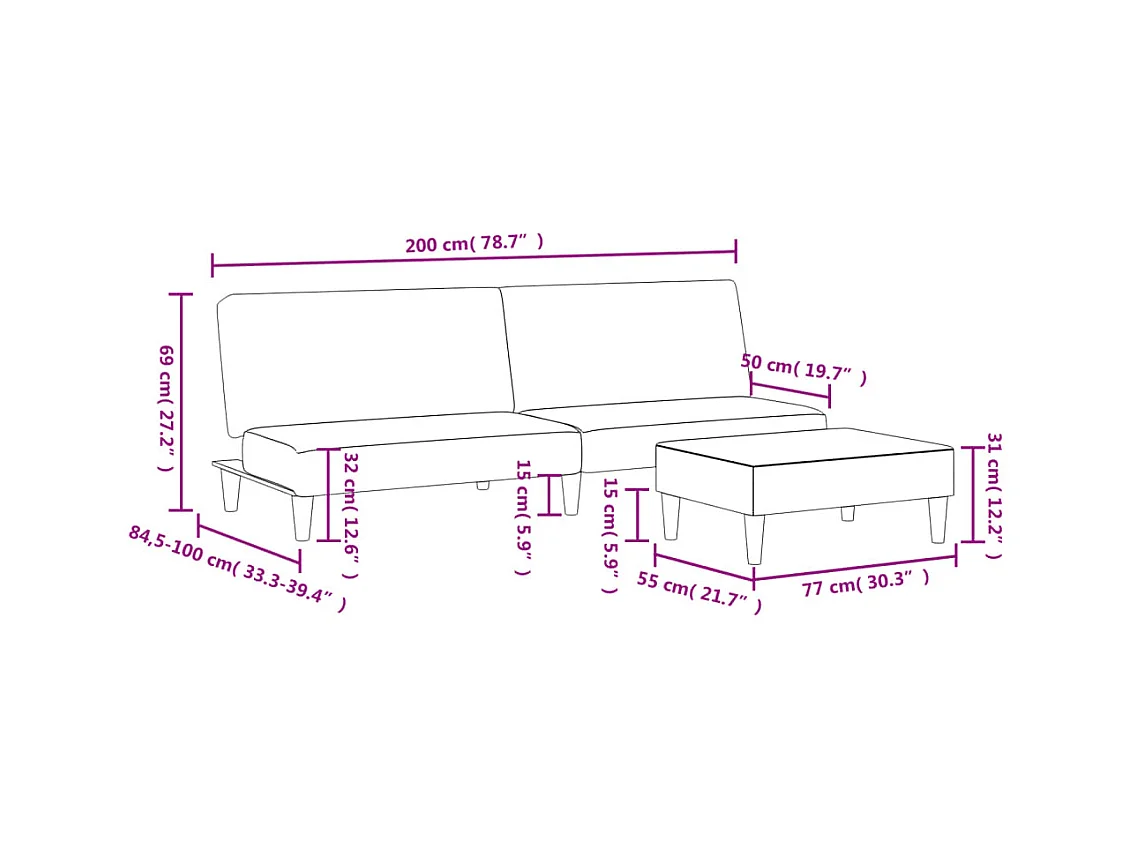 Canapé-lit à 2 places avec repose-pied bleu velours