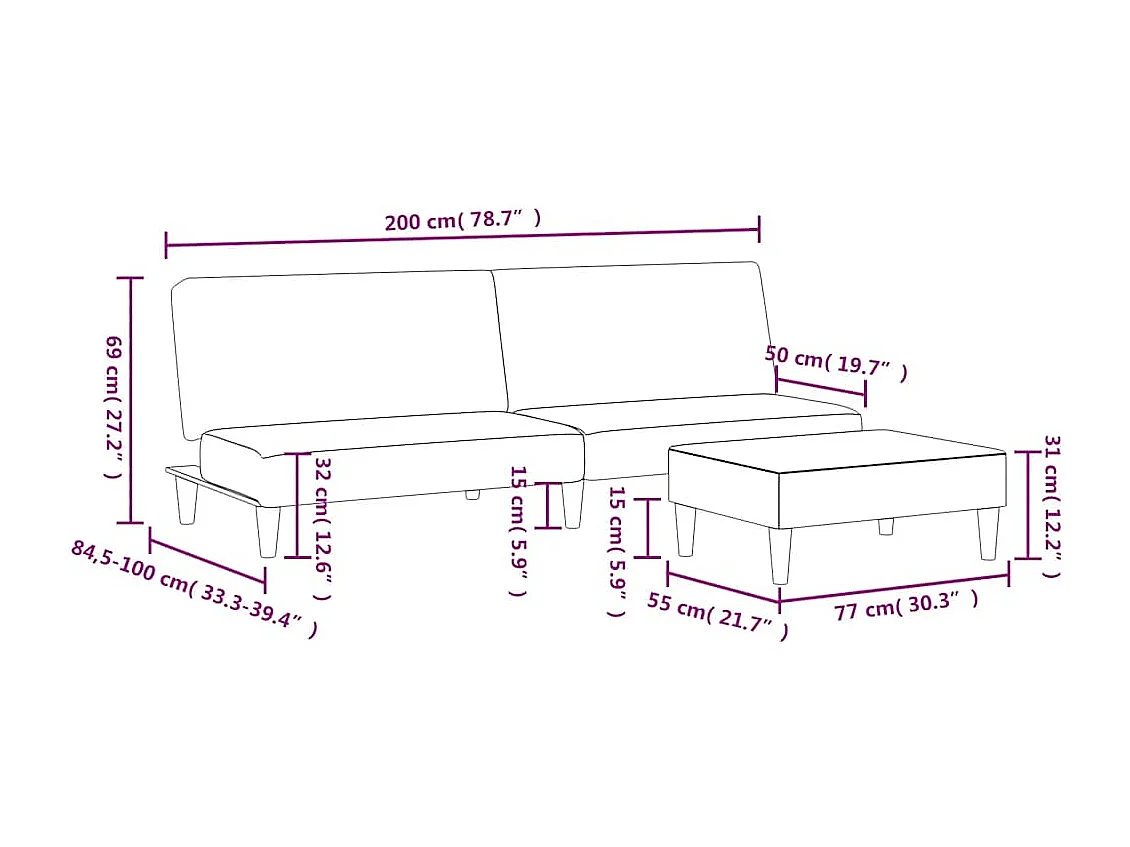 Canapé-lit à 2 places avec repose-pied bleu velours