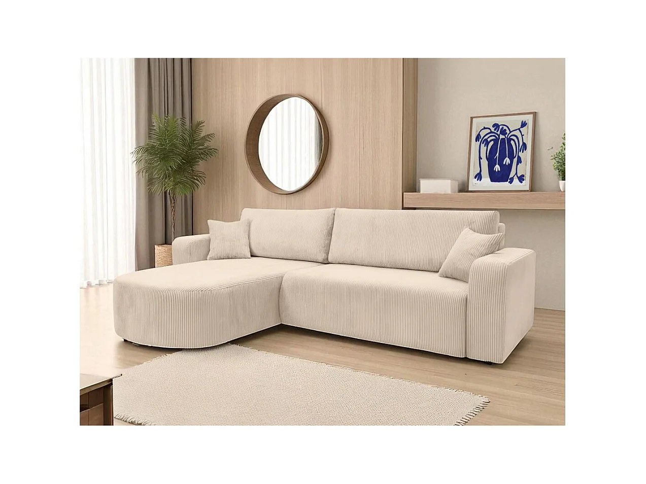 Canapé KIARA d'angle réversible convertible 4 places en velours côtelé - Beige