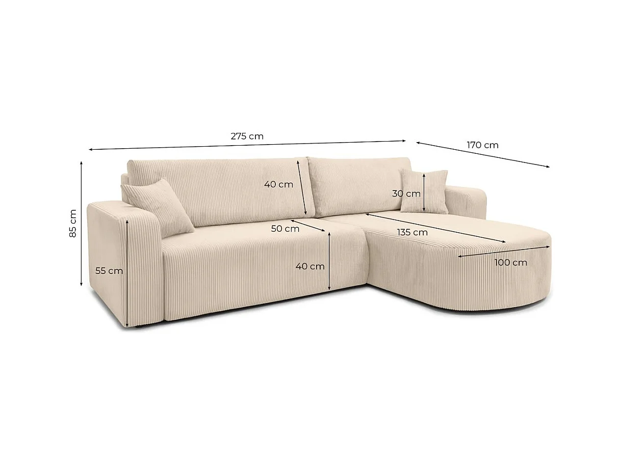 Canapé KIARA d'angle réversible convertible 4 places en velours côtelé - Beige