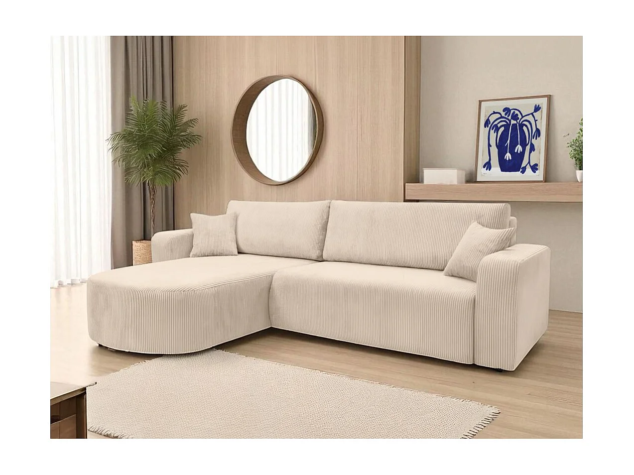 Canapé KIARA d'angle réversible convertible 4 places en velours côtelé - Beige