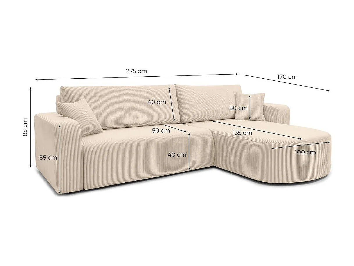 Canapé KIARA d'angle réversible convertible 4 places en velours côtelé - Beige