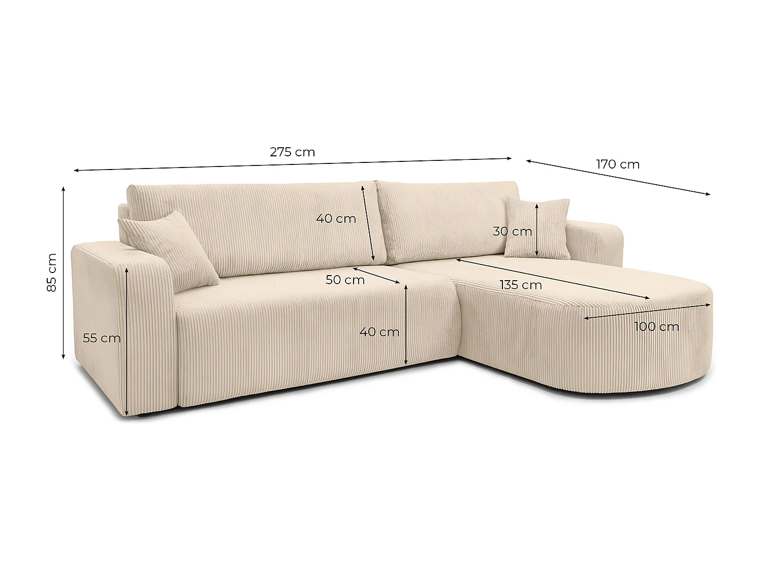Canapé KIARA d'angle réversible convertible 4 places en velours côtelé - Beige