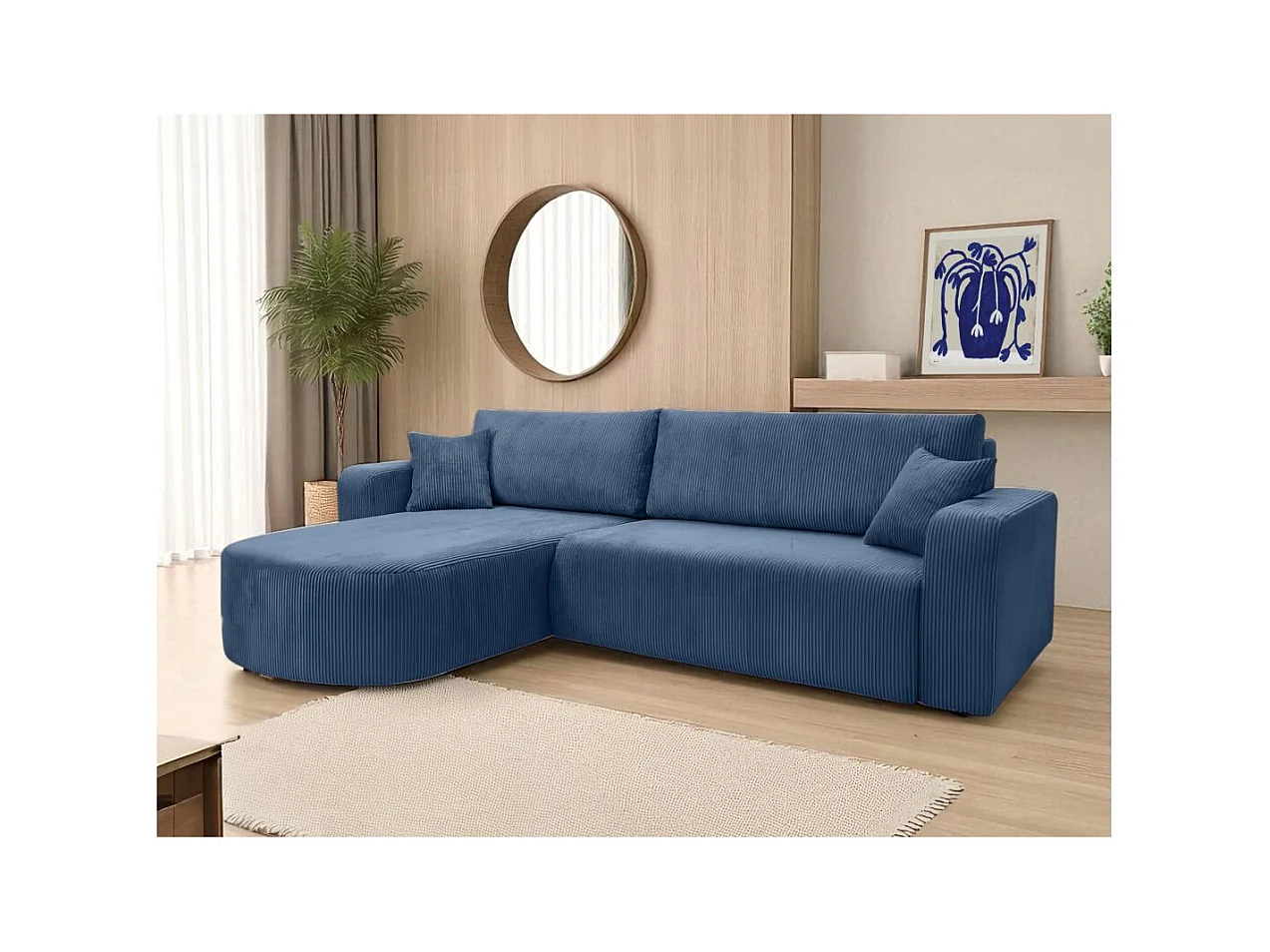 Canapé KIARA d'angle réversible convertible 4 places en velours côtelé - Bleu foncé