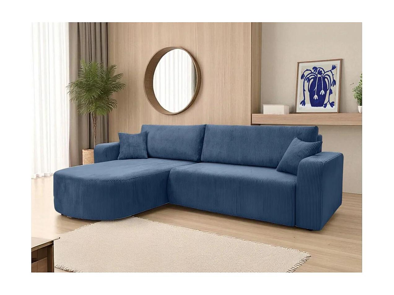 Canapé KIARA d'angle réversible convertible 4 places en velours côtelé - Bleu foncé