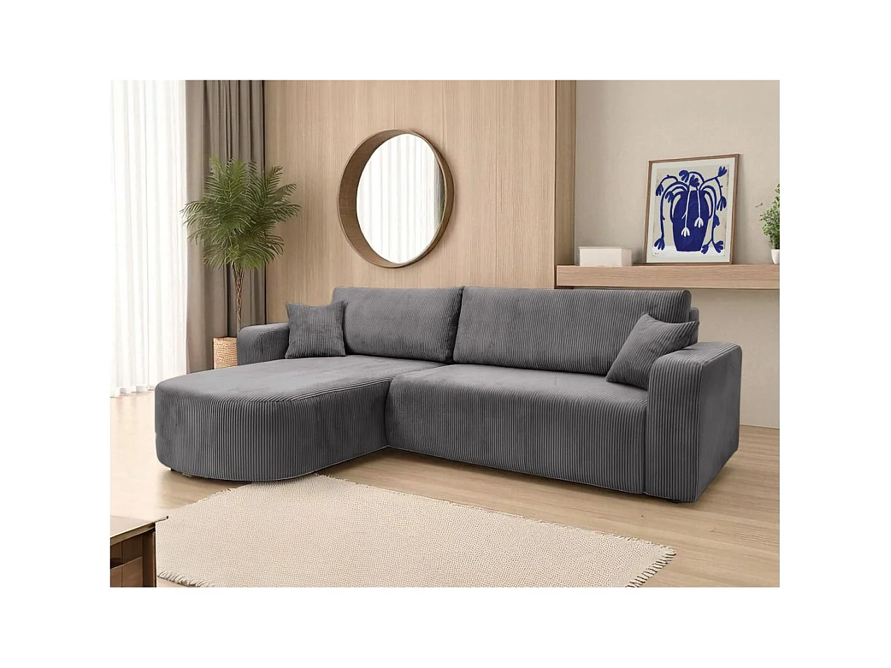 Canapé KIARA d'angle réversible convertible 4 places en velours côtelé - Gris anthracite