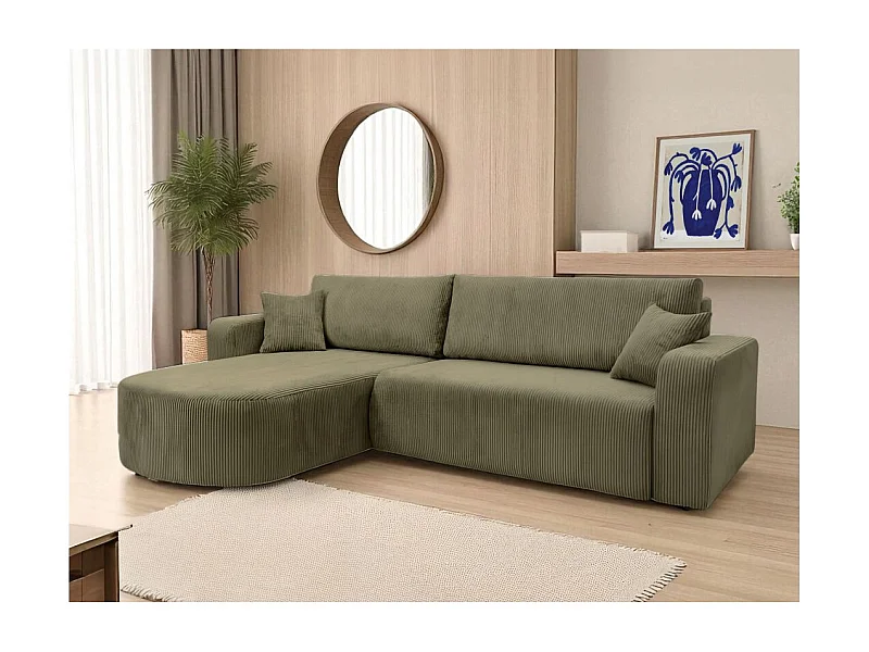 Canapé KIARA d'angle réversible convertible 4 places en velours côtelé - Vert kaki
