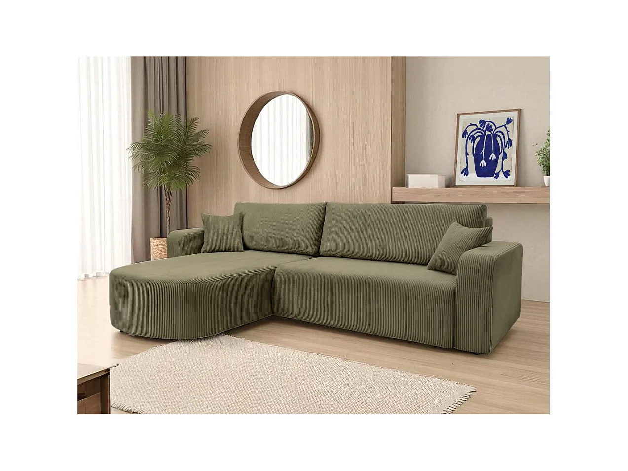Canapé KIARA d'angle réversible convertible 4 places en velours côtelé - Vert kaki