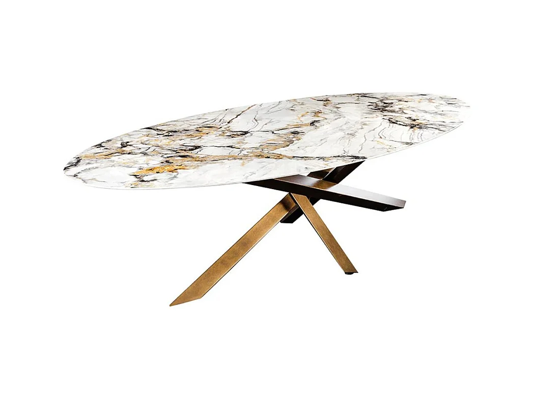 Table de salle à manger AERIS – Ovale 280 cm – Plateau céramique effet marbre blanc et bronze – Pieds métal – Style chic